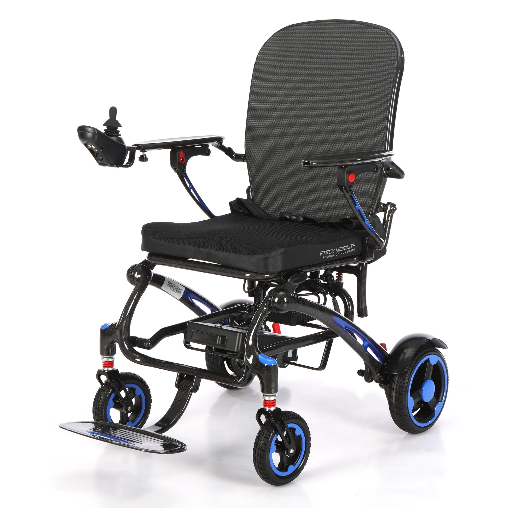 Etech Mobility Vector Carbon folding electric wheelchair, front three-quarter view
