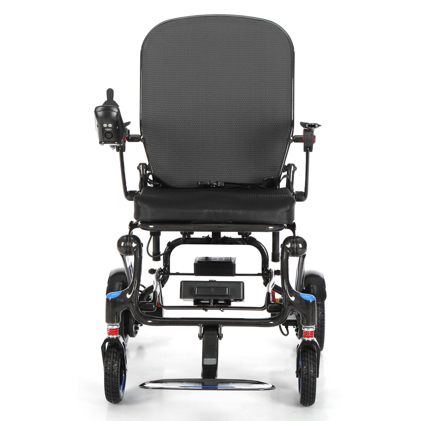 Etech Mobility Vector Carbon electric wheelchair, front view with breathable mesh seat