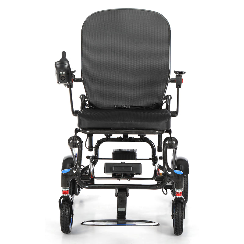 Etech Mobility Vector Carbon electric wheelchair, front view with breathable mesh seat