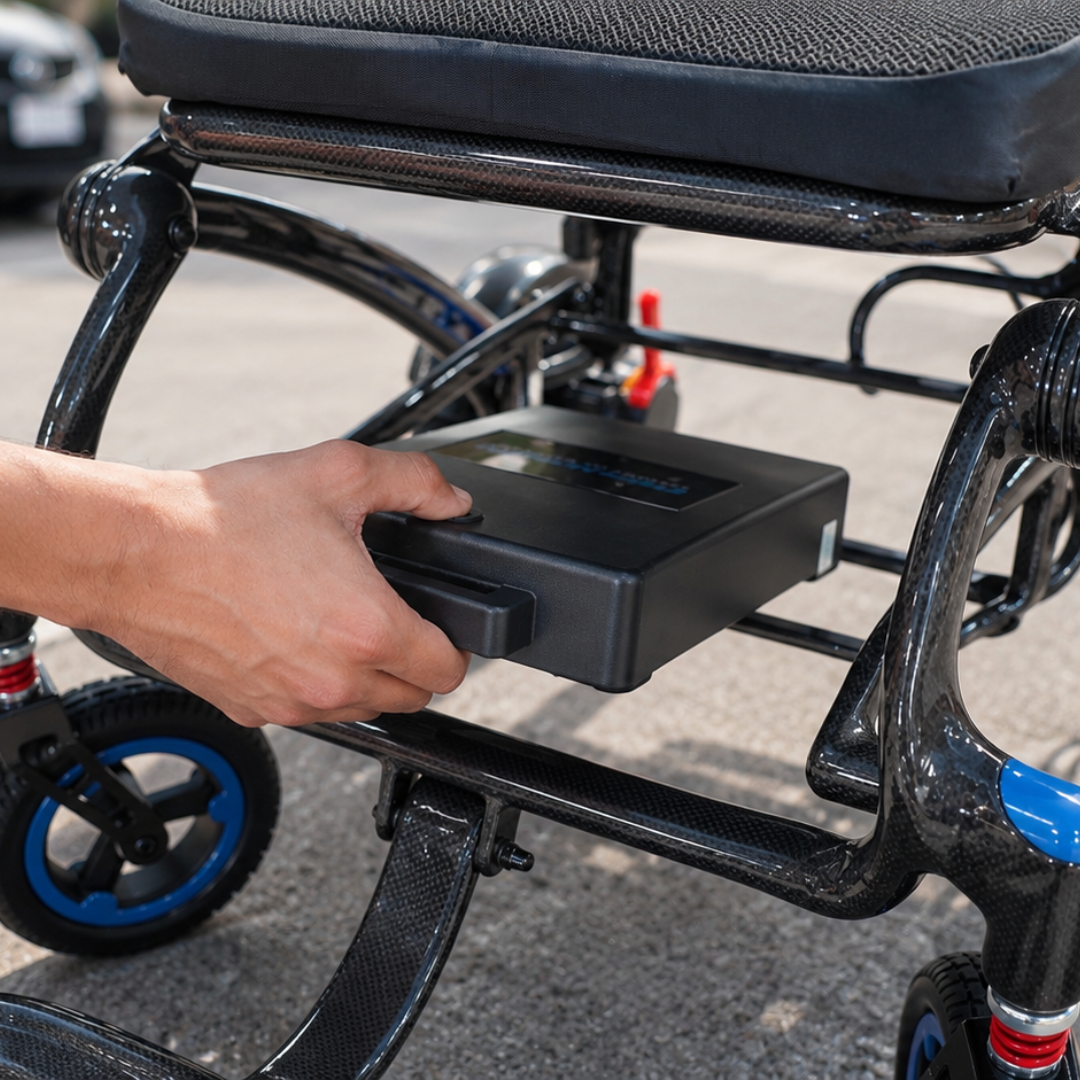 Vector Carbon lightweight foldable electric wheelchair with airline friendly battery by Etech Mobility