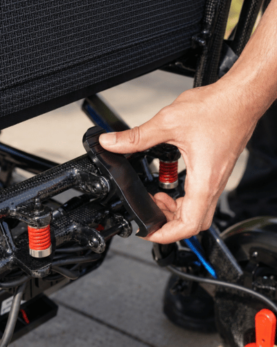 Vector Carbon lightweight foldable electric wheelchair one easy fold motion by Etech Mobility