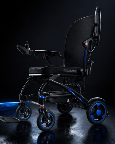 Vector Carbon lightweight folding electric wheelchair easy access side flip up armrest by Etech Mobility