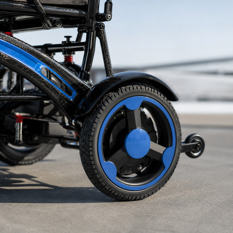 Vector carbon lightweight foldable electric wheelchair sporty rear tyre design by Etech Mobility