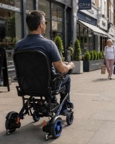 Vector Carbon lightweight folding electric wheelchair designed for smooth indoor and outdoor terrain by Etech Mobility