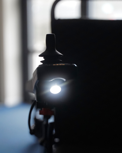 Voyager 185, lightweight, folding, powerchair with built in joystick LED light by Etech Mobility