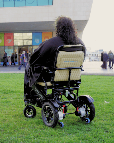 Luxury leather upholstery attached to Voyager 185 premium brushless sine wave electric wheelchair