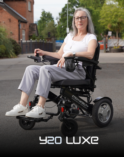 Y20 Luxe lightweight foldable electric wheelchair by Etech Mobility with removable motors 